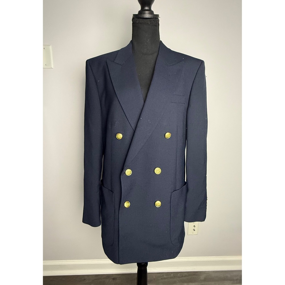 Navy Blue Double Breasted Blazer Gold Crest Buttons Mens Oversized Womens Jacket - Picture 2 of 4